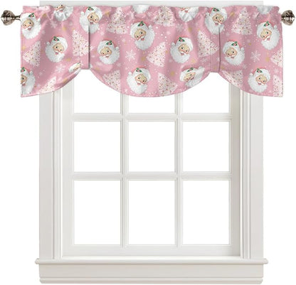 Pink Christmas Blackout Tie Up Valance Curtains for Kitchen Windows Santa Claus Merry Christmas Tree Window Toppers Balloon Shades for Living Room/Bathroom/Bedroom,1 Panel, 54" X 18", Winter Snowflake