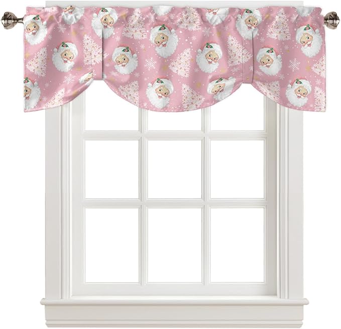 Pink Christmas Blackout Tie Up Valance Curtains for Kitchen Windows Santa Claus Merry Christmas Tree Window Toppers Balloon Shades for Living Room/Bathroom/Bedroom,1 Panel, 60" X 18", Winter Snowflake