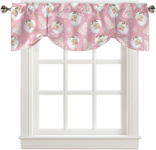 Pink Christmas Blackout Tie Up Valance Curtains for Kitchen Windows Santa Claus Merry Christmas Tree Window Toppers Balloon Shades for Living Room/Bathroom/Bedroom,1 Panel, 42" X 18", Winter Snowflake