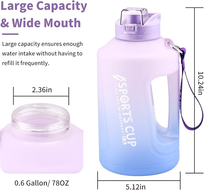 Water Bottle with Time Marker, 78OZ/Half Gallon Leak-proof Water Jug, Large Portable Water Bottles with Handle, BPA Free Fitness Water Jug for Gym, Outdoor, Sport (Purple)