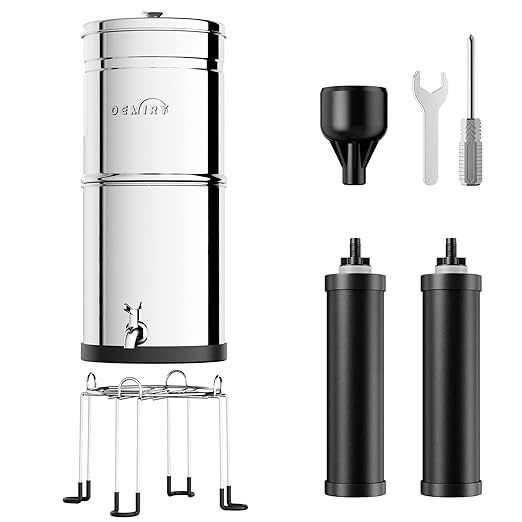 2.25G Gravity Water Filter System, NSF/ANSI 42&372 Standard, 304 Stainless Steel Countertop System with 2 Carbon Filters and Stand, Reduce 99% Chlorine and Lead