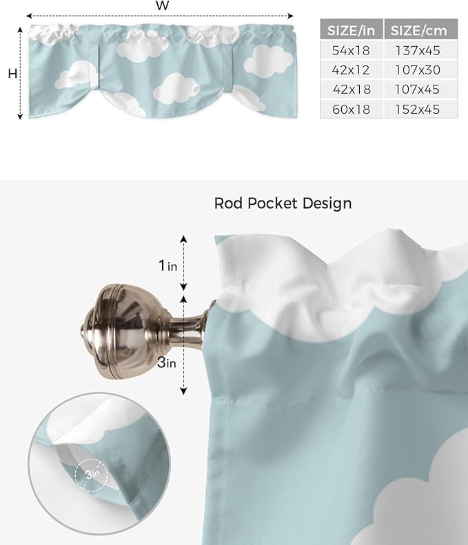 Kids Blackout Tie Up Valance Curtains for Kitchen Windows Blue White Cloud Cartoon Window Toppers Balloon Shades for Living Room/Bathroom/Bedroom,1 Panel,42" X 12"