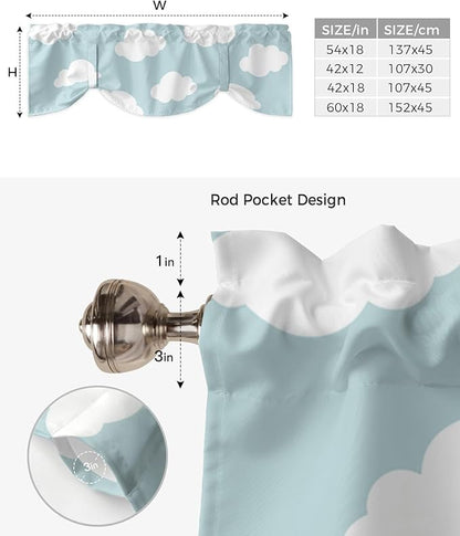 Kids Blackout Tie Up Valance Curtains for Kitchen Windows Blue White Cloud Cartoon Window Toppers Balloon Shades for Living Room/Bathroom/Bedroom,1 Panel,42" X 12"