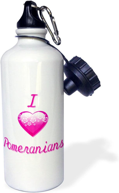 3dRose "Pretty Pink Flowery I Love Pomeranians" Sports Water Bottle, 21 oz, White