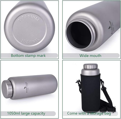 iBasingo 1050ml Titanium Bottle 600ml Nesting Cup Outdoor Camping Single Layer Wide Mouth Cookware Lightweight Portable Bottle Mug Hiking Picnic Solo Cooking Mess Kit