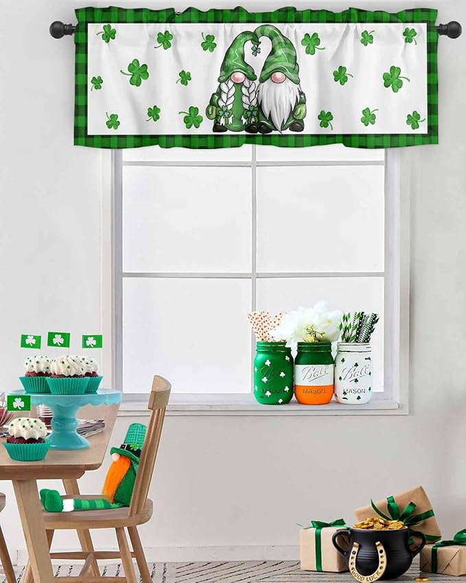 Gnome St. Patrick's Day Kitchen Curtains Valances for Windows Buffalo Plaid Shamrock Rod Pocket Window Treatment for Kitchen /Living Room/Bedroom/ Bathroom, 42" X 12", Seasonal Spring Holiday