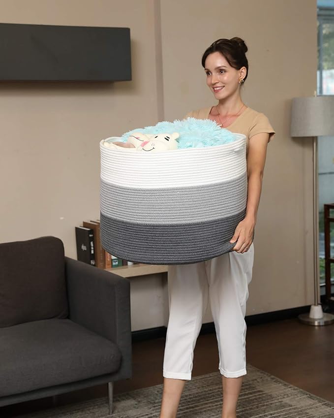 24" x 24" x 17" Max Size Large Cotton Rope Basket, Extra Large Storage Basket, Woven Laundry Hamper, Cloth Storage Bin, for Blankets Clothes Towels Pillows in Living Room, Grey/Dark Grey