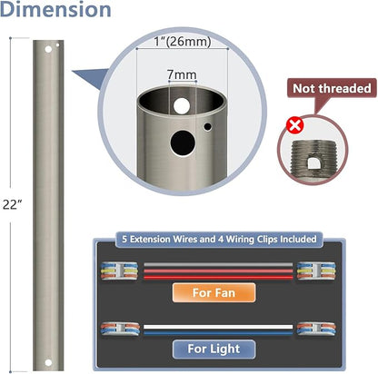 22" Ceiling Fan Downrod, 【1 Outside Diameter】 Brushed Nickel Extended Downrod, including 4 Wire Connectors and 5 Extension Wires (No Threads)