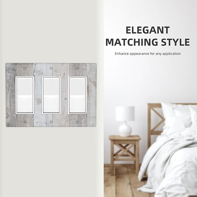Rustic Grey Wood Shiplap 3 Gang Rocker Light Switch Plate Vintage Country Triple Decora Outlet Wall Plate Cover Faceplate Decorative Switchcovers GFCI for Farmhouse Bathroom Livingroom Bedroom Decor