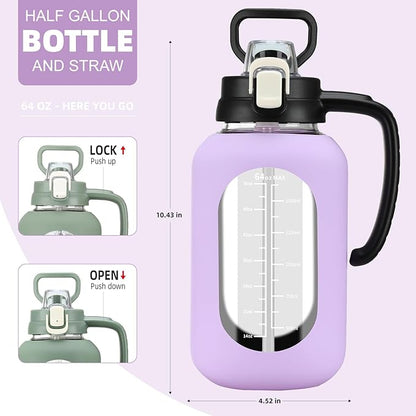 64 oz Glass Water Bolttles Half Gallon Large Motivational Water Bottle with Time Marker Sports Water Bottles with Silicone Sleeve and Handle Lid Water Jug for Gym Workout-1 Pack