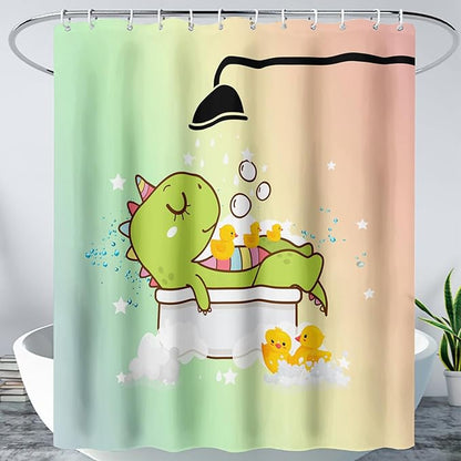 AILONEN Cartoon Shower Dinosaur Shower Curtain for Kids,Funny Green Dinosaur Shower Curtain Set with Hooks,48" W*72" H
