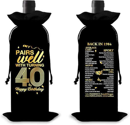 40th Birthday Gifts Wine Bag Congratulations Gifts for Women Men Parents Mom Dad Anniversary 1984 Birthday Wine Gift Bag