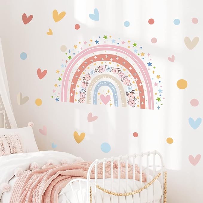 Large Boho Watercolor Rainbow Wall Decals Boho Love Stars Flowers Rainbow Wall Stickers for Girls' Room Kids Baby Nursery Bedroom Living Room Playroom Classroom Wall Decor