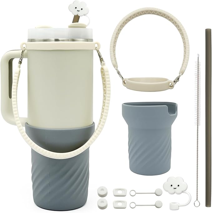Accessories Set for Stanley 40oz including 6PCS Silicone Spill Proof Stopper 1PCS Straw Cover 1 PCS Siliconce Boot Sleevec 1 PCS Silicone Water Bottle Handle Strap 1PCS Straw & Cleaning Brush