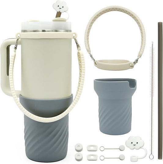 Accessories Set for Stanley 40oz including 6PCS Silicone Spill Proof Stopper 1PCS Straw Cover 1 PCS Siliconce Boot Sleevec 1 PCS Silicone Water Bottle Handle Strap 1PCS Straw & Cleaning Brush