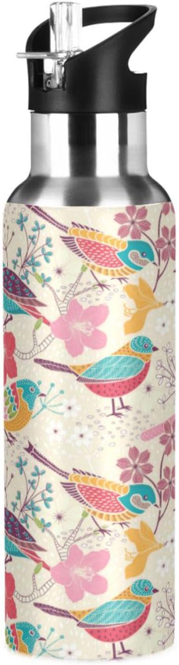 ALAZA Floral Birds Print Water Bottle With Straw Lids Boys Girls,Vacuum Insulated Leakproof Stainless-Steel Sports Bottle Thermal Flask For Gym Yoga Camping,34Oz (1000Ml)