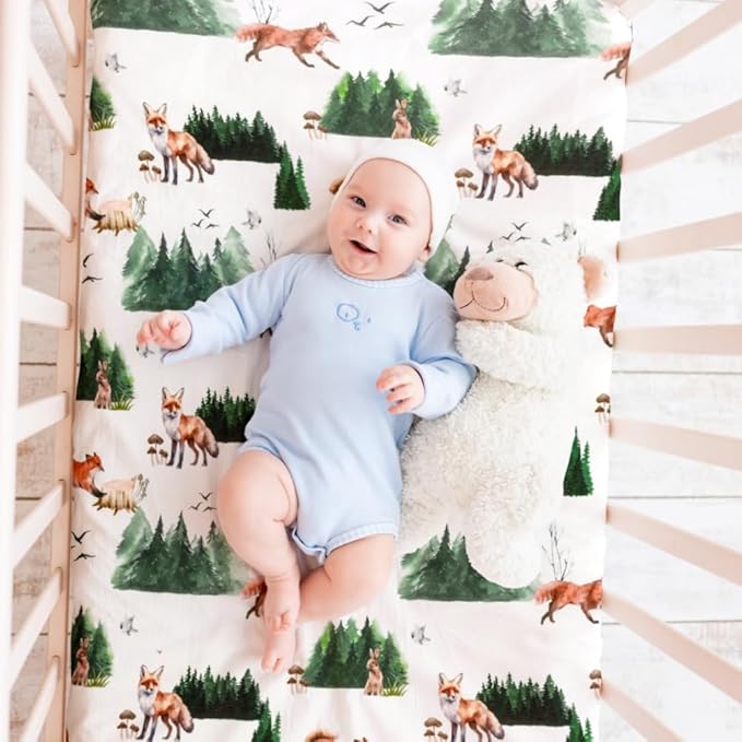 4 Pack N Play Sheets Woodland Forest Animals Wood Neutral Unisex Fitted Baby N Play Sheets Fitted for Standard Pack and Plays and Mini Cribs Set for Baby Boys or Girls (Paint Fox)