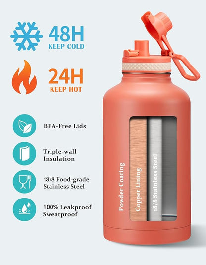 64 oz Water Bottles Insulated - Cold 48H Hot 24H, Half Gallon Water Jug w/Straw & Spout Lid, Handle Strap Carrier Bag, Leak Proof 2Liter Stainless Steel Thermo Flask for Gym Sports Work Coral Orange