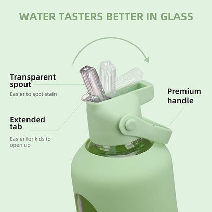 20 oz Glass Water Bottles with Straw Borosilicate Glass Water Bottle with Time Marker Motivational Water Bottles with Silicone Sleeve Leak Proof Reusable BPA Free