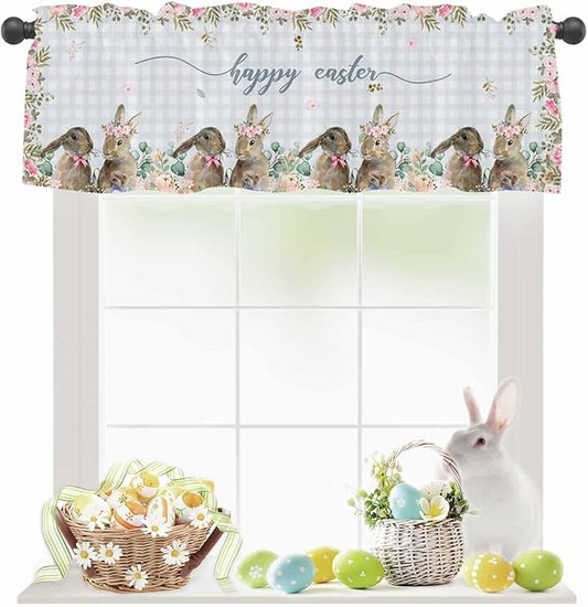 Rabbits Flowers Easter Kitchen Curtains Valances for Windows Eucalyptus Leaf Spring Summer Rod Pocket Window Treatment for Kitchen /Living Room/Bedroom/ Bathroom, 42" X 12", Grey White Buffalo Plaid