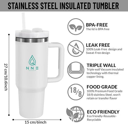 40oz stainless Steel Insulated Tumbler with Handle, lid and straw for cold water, Iced tea, or coffee - 100% Leak-Proof - Cupholder Friendly Travel Mug- Gifts for Women Men Him Her (white)