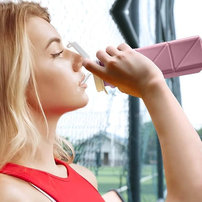 620ml Silicone Foldable Water Bottle with Straw Lid - Lightweight, Reusable, & Leakproof for Travel, Camping, Hiking, & Sports (PINK)