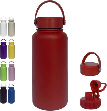 32oz Insulated Water Bottle ，Stainless Steel Sports Water Cup Flask with 2 Lids, Wide Mouth Travel Thermal Mug,Outdoor Sports Bottle（Deep red）