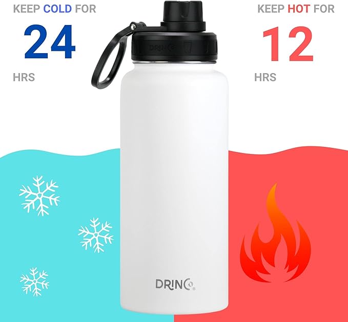 DRINCO Stainless Steel Water Bottle Spout Lid Vacuum Insulated Double Wall Water Bottle Wide Mouth Leak Proof Keep Cold Sport Camping (USA Flag) (32oz Artic White USA Flag, 32oz)