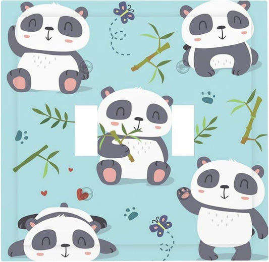 Cartoon Cute Panda Double Toggle Light Switch Covers 2 Gang Wall Plate Dual Decorative Switchplate Electrical Faceplate for Bathroom Country Kitchen Bedroom Decor, 4.9" x 5"