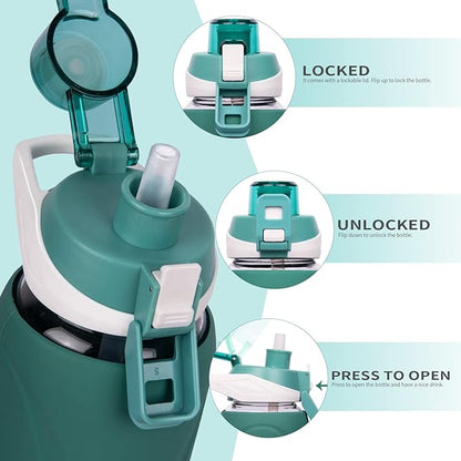 32 oz Sports Glass Water Bottle with Straw & Silicone Sleeve Reusable BPA-free Borosilicate Glass Drinking Bottle with Flip Top Lid & Handle Wide Mouth (Deep Green)