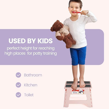 ACSTEP 9 Inch Folding Step Stool 300 LB Capacity Non Slip Foot Stool with Handle Plastic Foldable Step Stools for Kids Stepping Stool for Bathroom Black Small Step Stool (1 PC Pink)