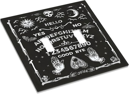Black Witchy Skeleton Skull Gothic Sun Moon Double Toggle Novelty Light Switch Covers Decorative Unique 2 Gang Wall Plate Dual Electrical Faceplate Switchplate for Bathroom Living Room Decor