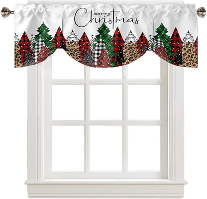 Merry Christmas Blackout Tie Up Valance Curtains for Kitchen Windows Buffalo Plaid Xmas Tree Winter Forest Farmhouse Window Toppers Balloon Shades for Living Room/Bath/Bedroom, 60" X 18", Red Green