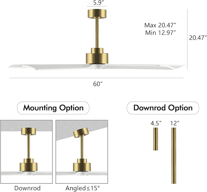 60 Inch Modern Ceiling Fan without Light, 5 Solid Wood Blades 6-Speed Noiseless Reversible DC Motor, Ceiling Fan with Remote Control for Bedroom Living Room, White Gold Finish