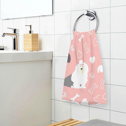 Pink Old English Sheepdog Bath Hand Towel Soft Cotton Highly Absorbent Fingertip Towels for Bathroom Beach Kitchen Sports Gym Yoga Travel (2-Pieces Towel Sets, 28x16 inch)