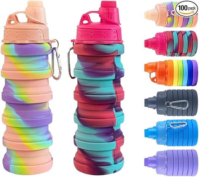 Collapsible Water Bottles 2 pack Travel Water Bottle Portable Hiking Water Bottle with Leak proof 500ML Reusable BPA Free Silicone Water Bottles. (Pink+Rose Red)