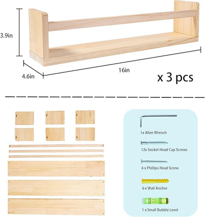 Nursery Floating Shelves for Kids Room, Set of 3 Wall Book Shelves for Kitchen Living Room, Book Shelf Wall Mounted for Baby Kids Bedoom Bathroom (nature, 16inch set 3)