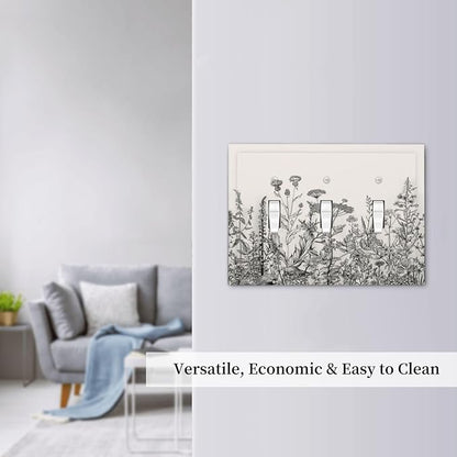 Vintage Grey Floral Herbs Wild Flowers Botanical 3 Gang Boho Light Switch Covers Decorative Country Unique Triple Toggle Wall Plate Electrical Faceplate Switchplate for Bathroom Bedroom