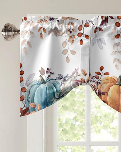 Fall Thanksgiving Blackout Tie Up Valance Curtains for Kitchen Windows Watercolor Autumn Pumpkins Eucalyptus Leaves Window Toppers Balloon Shades for Living Room/Bathroom/Bedroom,60" X 18",Blue Orange