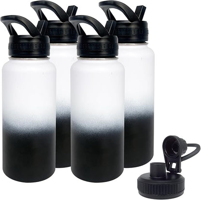 4pack 32 oz Insulated Water Bottle With Straw, Stainless Steel Sports Water Cup Flask with 2 Lids, Wide Mouth Travel Thermal Mug,Black white