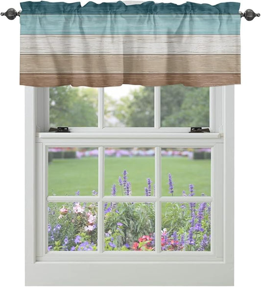 Farmhouse Kitchen Curtains Valances for Windows ,Teal Blue Brown Beach Rod Pocket Country Window Treatment for Kitchen /Living Room/Bedroom/ Bathroom,42" X 18" -1 Panel, Retro Rustic Barn Wood Texture