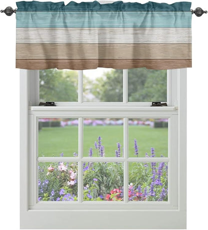 Farmhouse Kitchen Curtains Valances for Windows ,Teal Blue Brown Beach Rod Pocket Country Window Treatment for Kitchen /Living Room/Bedroom/ Bathroom,54" X 18" -1 Panel, Retro Rustic Barn Wood Texture