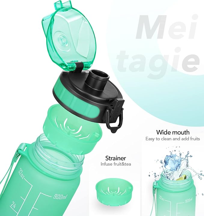32oz Motivational Water Bottle with Time Marker & Fruit Strainer, Leak-proof BPA Free Non-Toxic Bottle with Carrying Strap, Perfect for Fitness, Gym and Outdoor Sports