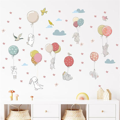 Colorful Balloon Cute Rabbit Wall Decal Floral Cloud Bunny Wall Stickers Nursery for Bedroom Girls Decor
