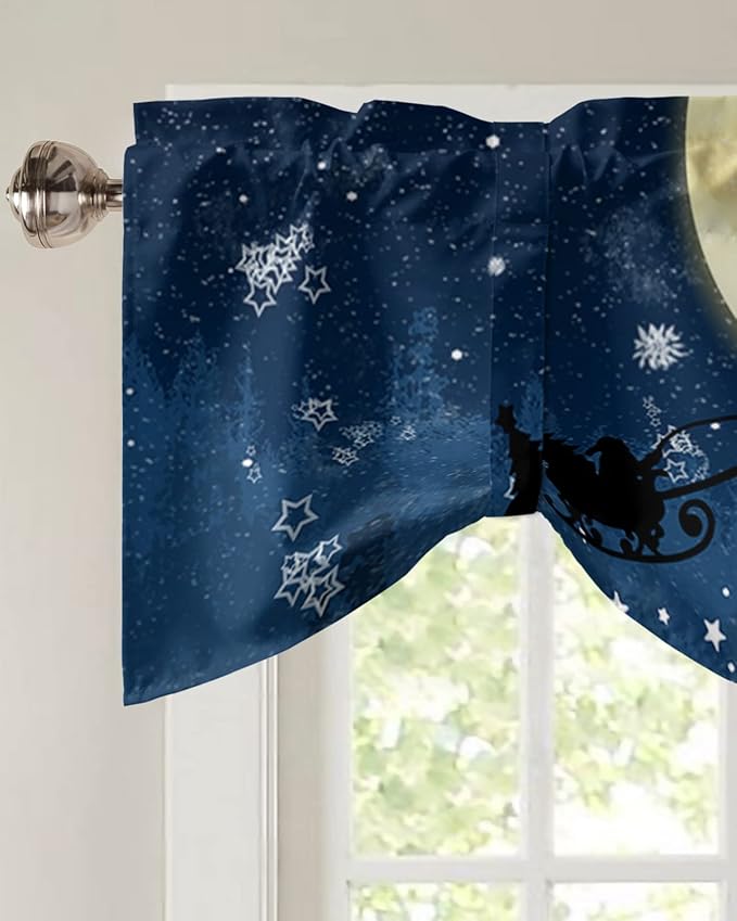 Christmas Blackout Tie Up Valance Curtains for Kitchen Windows Santa Claus Reindeer Window Toppers Balloon Shades for Living Room/Bathroom/Bedroom,1 Panel,42" X 12" Blue Snowy Night