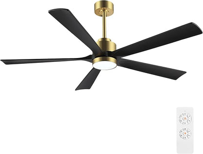 60" Modern Ceiling Fan with Light and Remote Control, 5 Solid Wood Blades 6-Speed Noiseless Reversible DC Motor, Ceiling Fan for Bedroom Dinning Living Room, Gold Finish with Black Blades