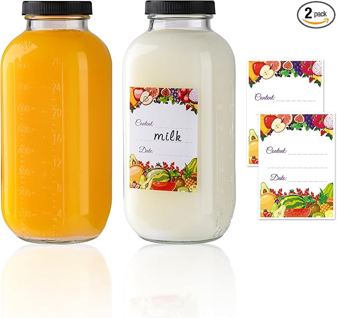 32oz Glass Juice Bottles with Lids 2Pack,Reusable Square Glass Milk Bottle with Lid,Clear Empty Glass for Beverages, Jams, Kombucha, Milkshakes,Oils(32fl.oz,Set of 2)
