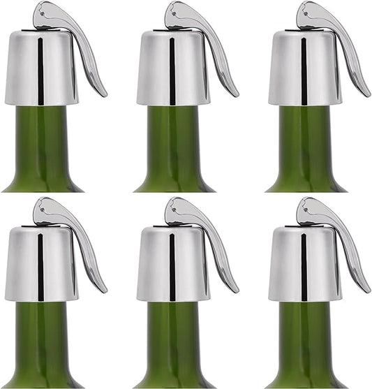6Pcs Plastic Wine Stoppers, Reusable Wine Bottle Stopper with Silicone Seal, Wine Saver and Decorative Bottle Sealer, Beverage and Wine to Keep Fresh (Silver）