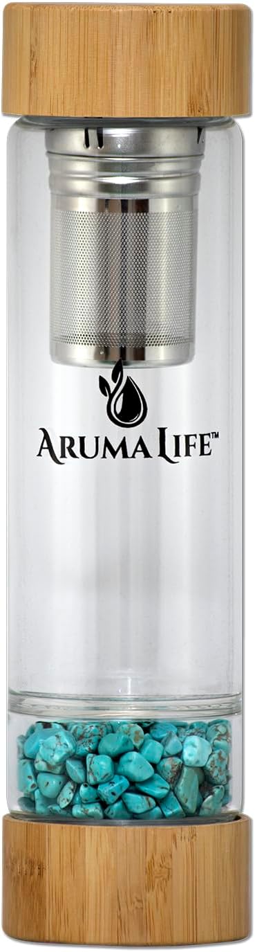 Crystal Water Bottle with a Loose-Leaf Tea or Fruit Infuser, Safe for Hot and Cold Drinks, Eco-friendly & Plus BONUS Protective Sleeve & Extra Set of Crystals (Obsidian & Turquoise)