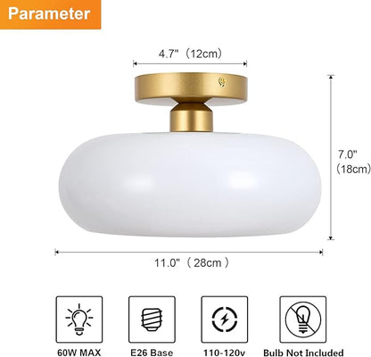 Mid-Century Modern Gold Semi Flush Mount Ceiling Light, Kitchen Ceiling Light Fixture with Glass Shade, Vintage White Close to Ceiling Lamp for Entryway Hallway Bathroom (11.0 Inch)